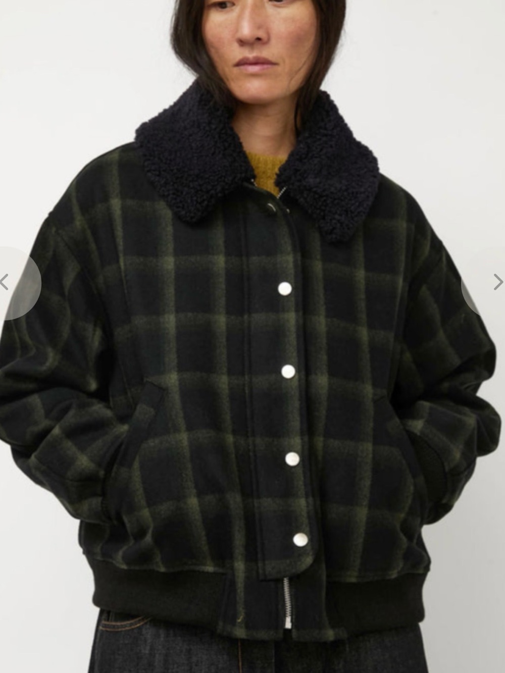 No 6 Store Landmark Plaid Bomber Jacket with Sherpa Collar - Black/Green M